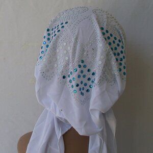 WHITE Pre-Tied Stud Chemo Cap Slip On Bonnet Hijab Undercap #7